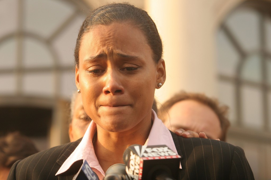 WHITE PLAINS, NY - OCTOBER 5: Three-time Olympic gold medalist Marion Jones speaks to the media outside a United States federal courthouse October 5, 2007 in White Plains, NY. Jones pleaded guilty to charges in connection with steroid use. (Photo by Hiroko Masuike/Getty Images)