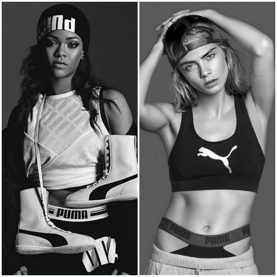 Rihanna (à gauche) a pris les commandes de la direction artistique féminine de Puma en 2015 ; la collection sportswear est représentée par le mannequin Cara Delevingne. 