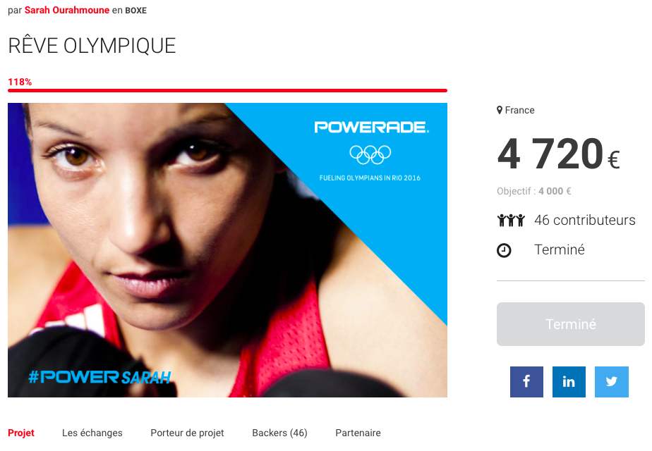 Capture d'écran du projet "Rêve Olympique" déposé par Sarah Ourahmoune sur la plateforme Sponsorise.me quelques mois avant les Jeux de Rio. 
