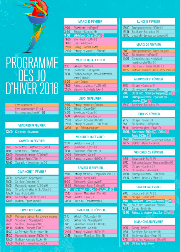 Le programme des Jeux Olympiques de PyeongChang, du 9 au 25 février 2018.