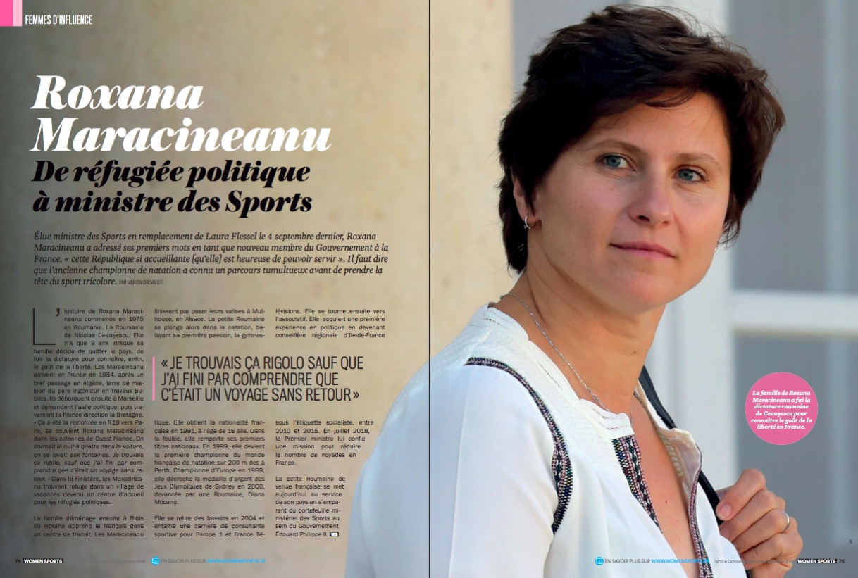 Roxana Maracineanu est la nouvelle ministre des Sports. Née en Roumanie, elle a fui la dictature avec ses parents pour connaître la liberté en France.