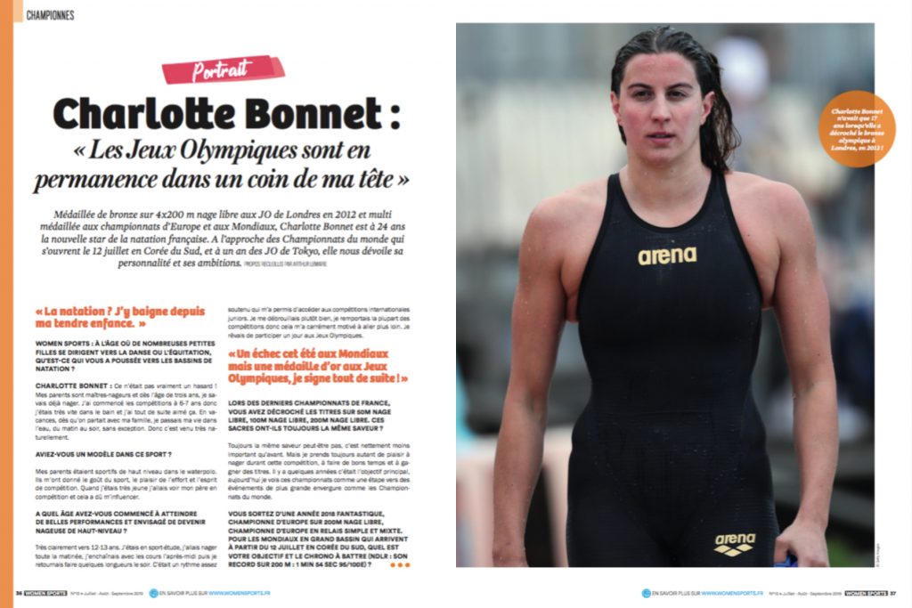 Médaillée de bronze sur 4x200 m nage libre aux JO de Londres en 2012 et multi-médaillée aux championnats d’Europe et aux Mondiaux, Charlotte Bonnet est à 24 ans la nouvelle star de la natation française.